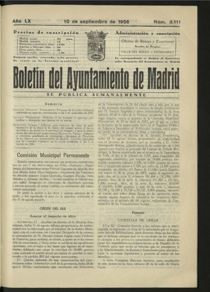 Miniatura de Boletín oficial del Ayuntamiento del 10 de septiembre de 1956, nº 3111