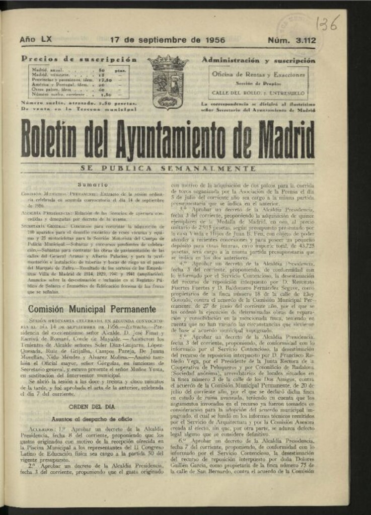 Miniatura de Boletín oficial del Ayuntamiento del 17 de septiembre de 1956, nº 3112