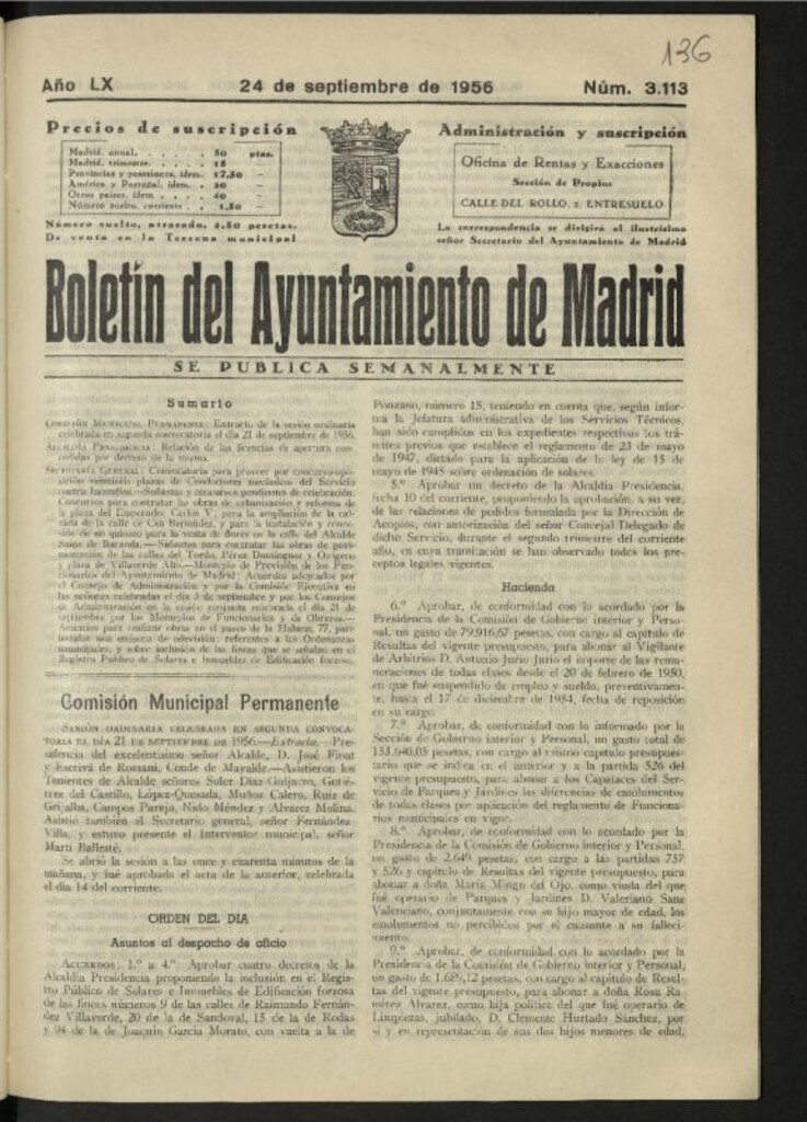 Miniatura de Boletín oficial del Ayuntamiento del 24 de septiembre de 1956, nº 3113