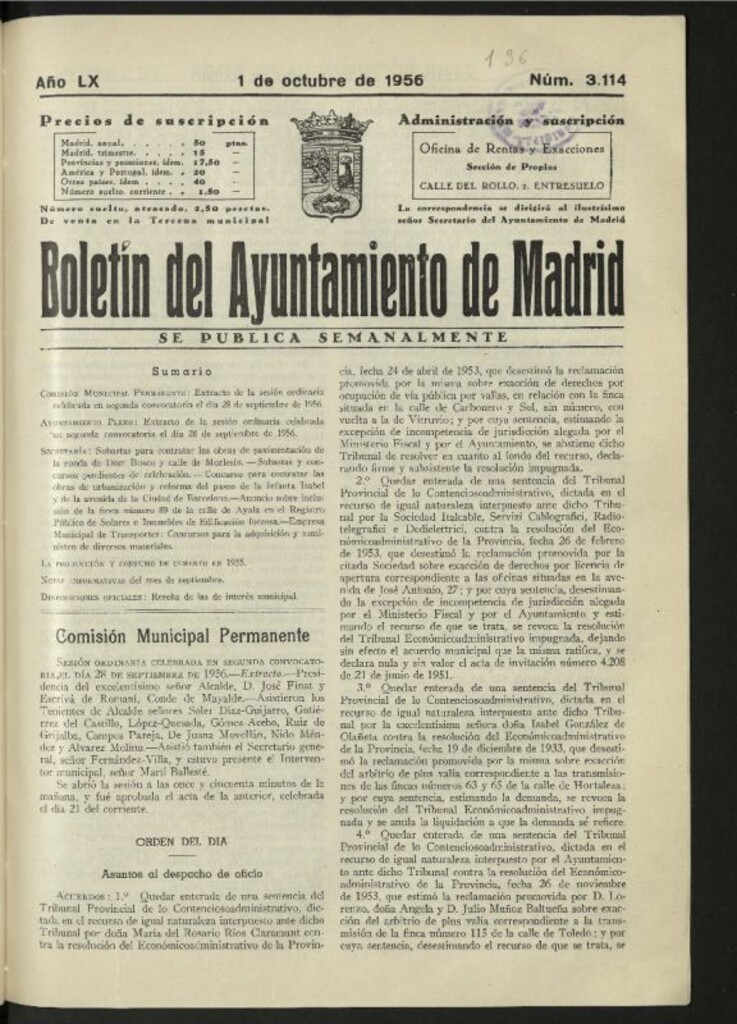Miniatura de Boletín oficial del Ayuntamiento del 1 de octubre de 1956, nº 3114