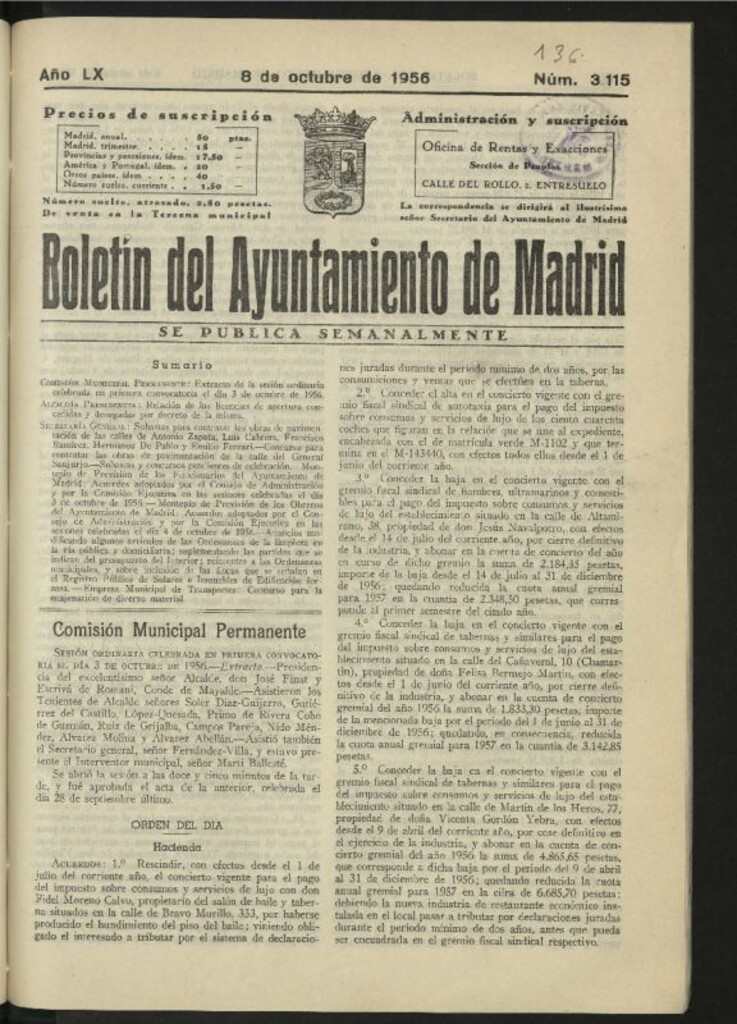 Miniatura de Boletín oficial del Ayuntamiento del 8 de octubre de 1956, nº 3115