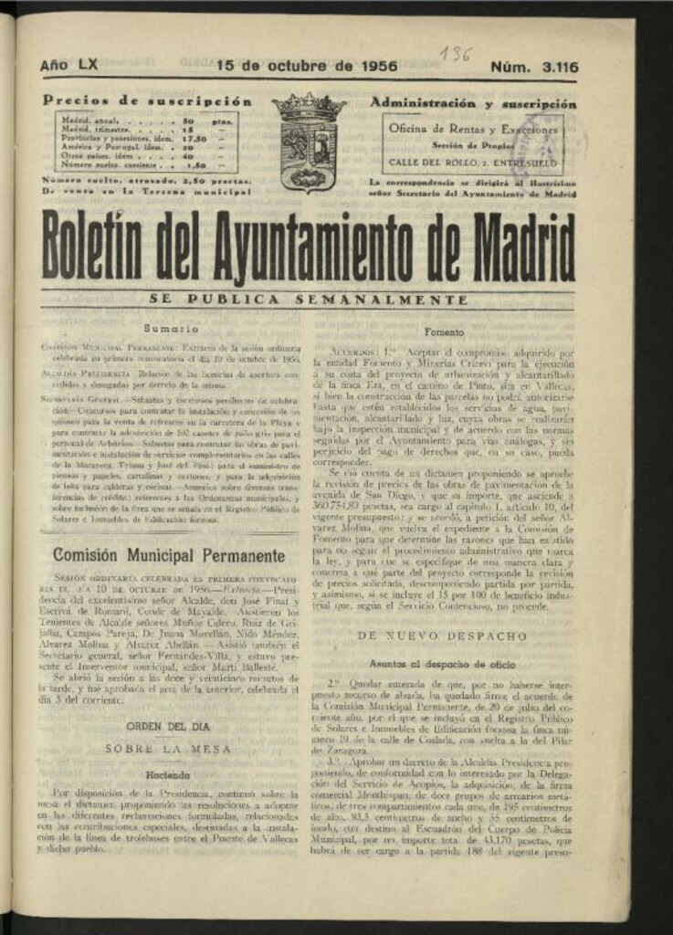 Miniatura de Boletín oficial del Ayuntamiento del 15 de octubre de 1956, nº 3116