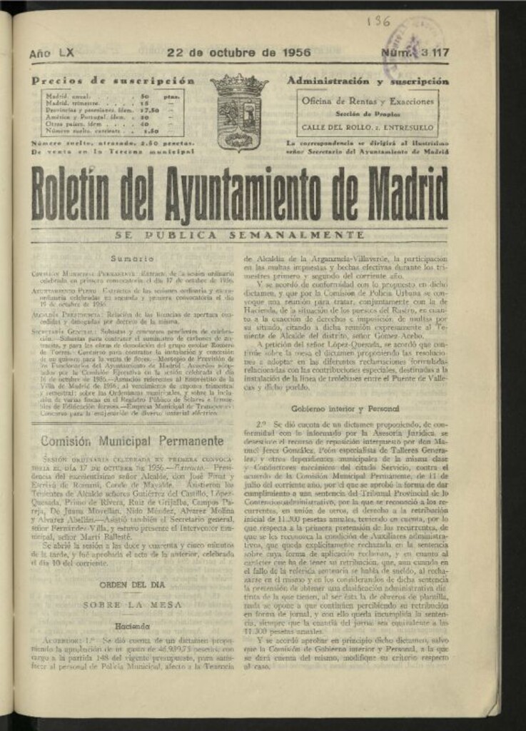 Miniatura de Boletín oficial del Ayuntamiento del 22 de octubre de 1956, nº 3117