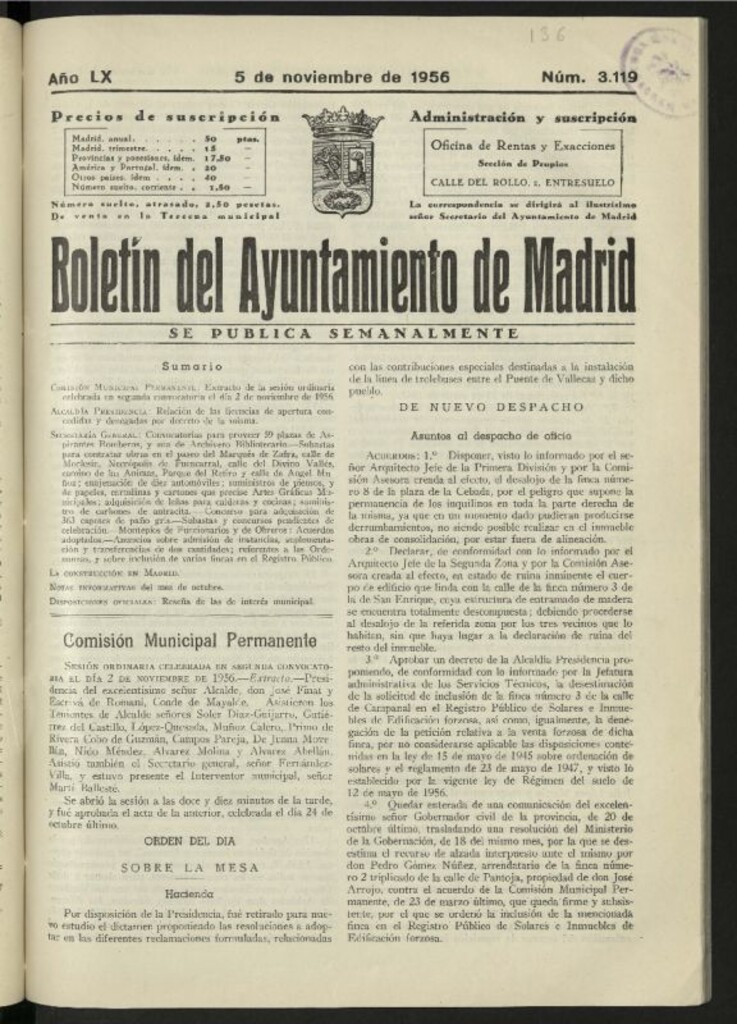 Miniatura de Boletín oficial del Ayuntamiento del 5 de noviembre de 1956, nº 3119