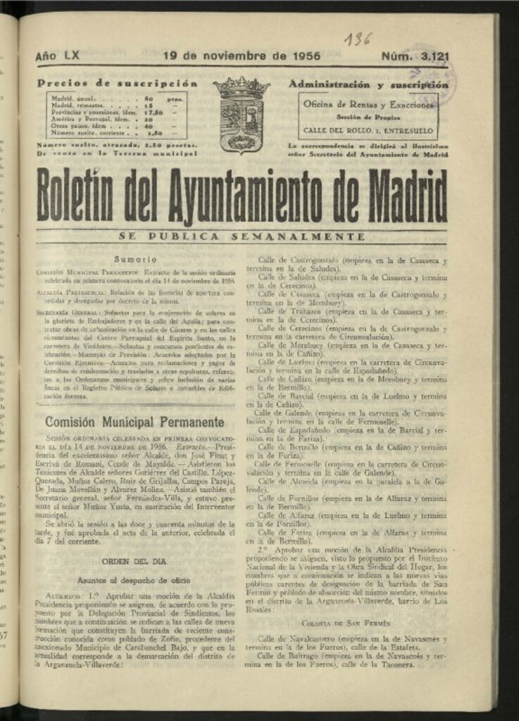 Miniatura de Boletín oficial del Ayuntamiento del 19 de noviembre de 1956, nº 3121