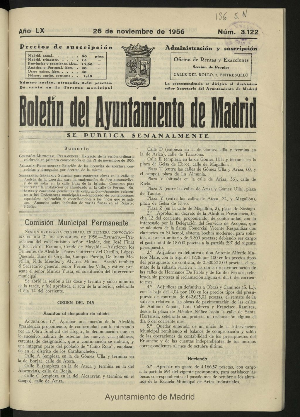 Miniatura de Boletín oficial del Ayuntamiento del 26 de noviembre de 1956, nº 3122