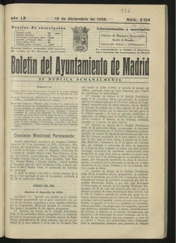 Miniatura de Boletín oficial del Ayuntamiento del 10 de diciembre de 1956, nº 3124
