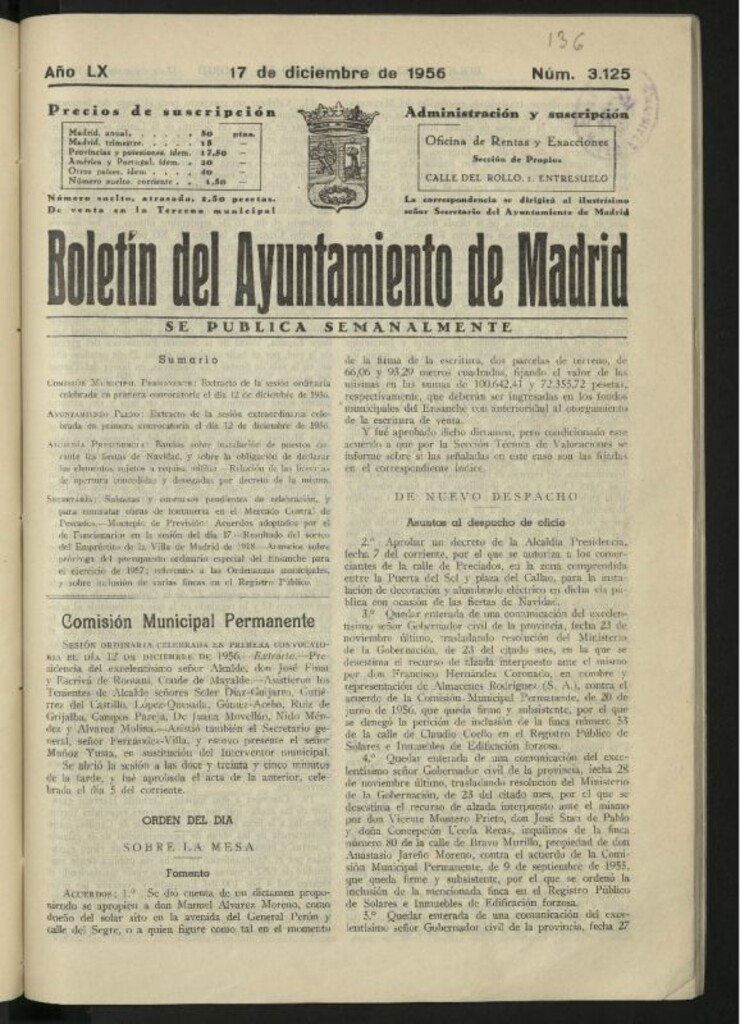 Miniatura de Boletín oficial del Ayuntamiento del 17 de diciembre de 1956, nº 3125