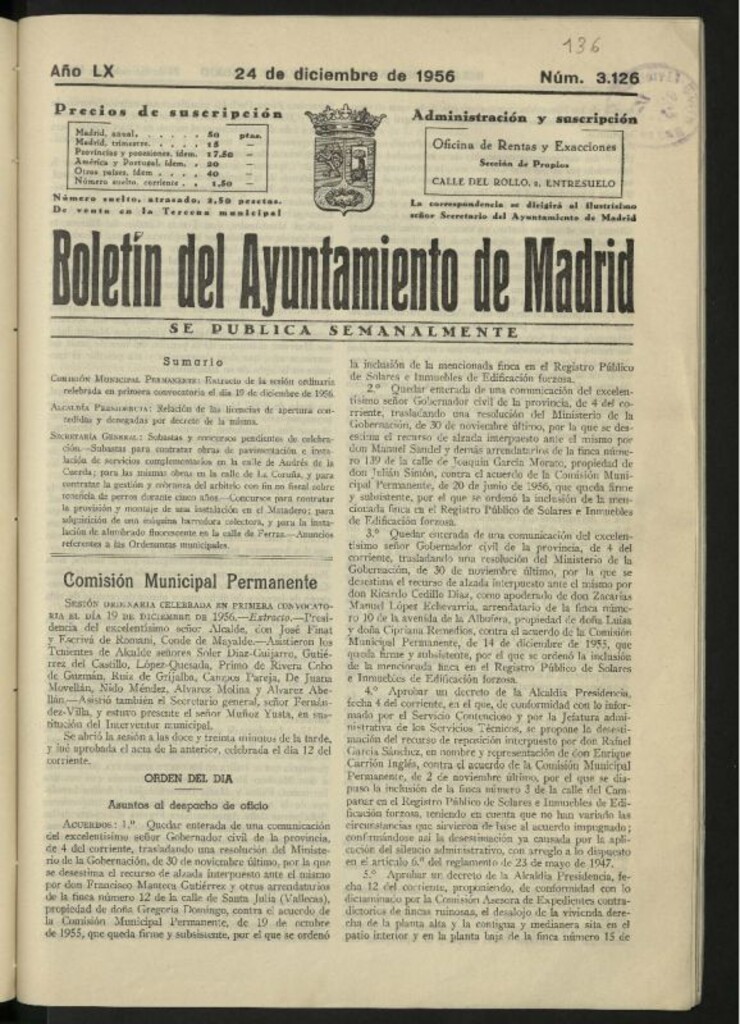 Miniatura de Boletín oficial del Ayuntamiento del 24 de diciembre de 1956, nº 3126