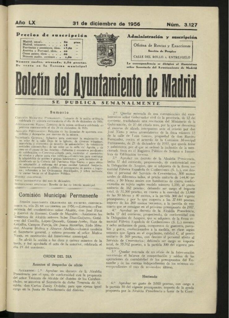 Miniatura de Boletín oficial del Ayuntamiento del 31 de diciembre de 1956, nº 3127