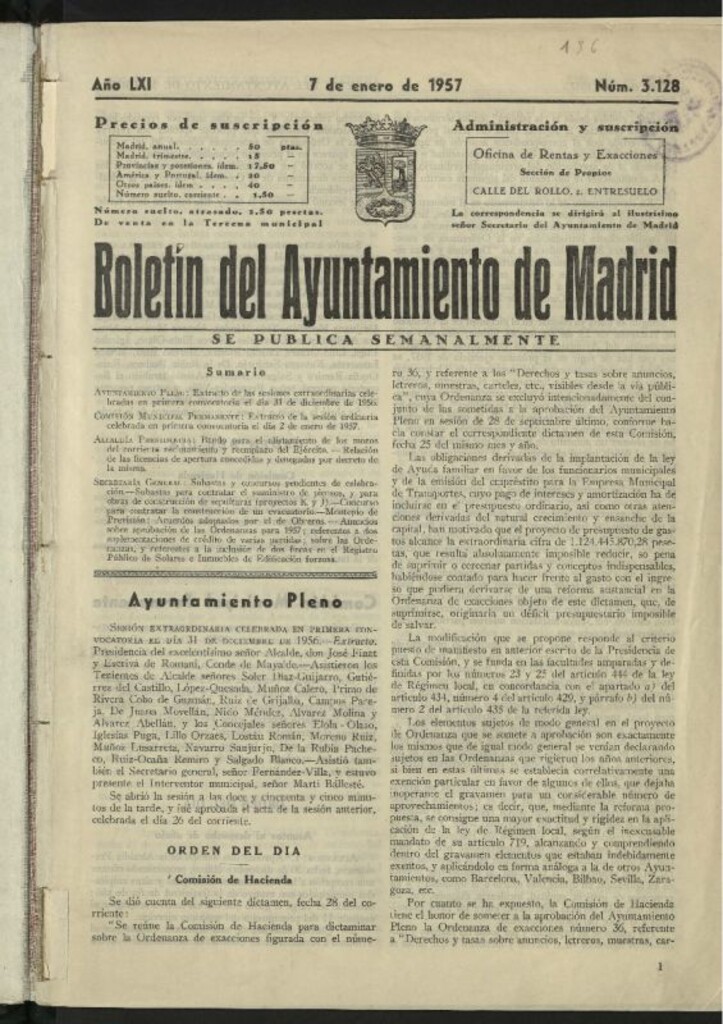 Miniatura de Boletín oficial del Ayuntamiento del 7 de enero de 1957, nº 3128