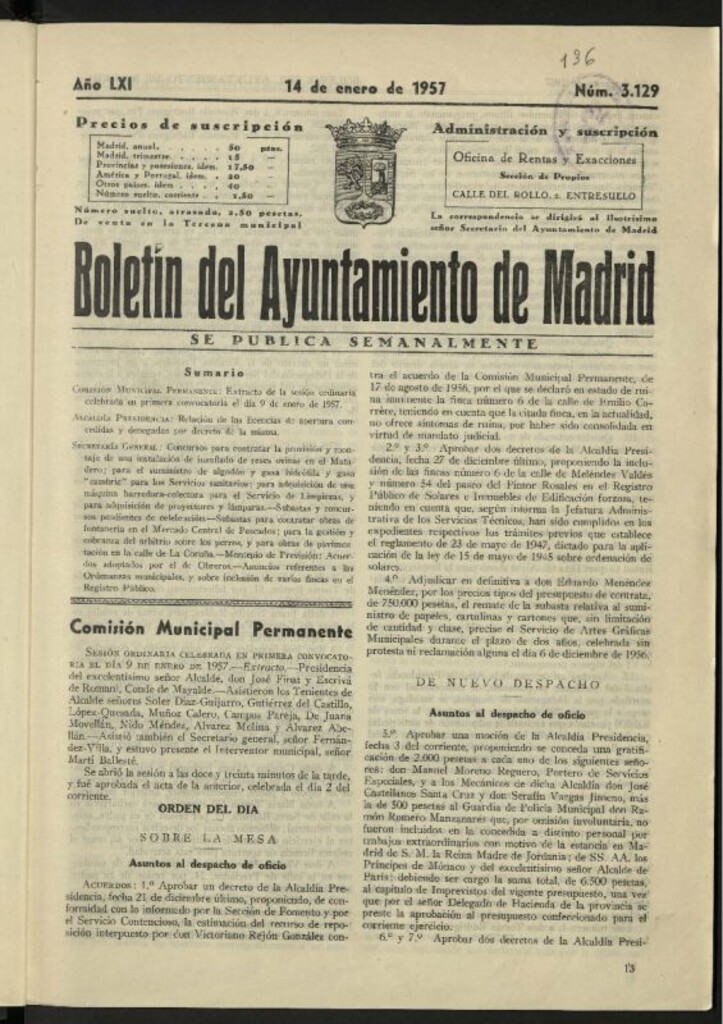 Miniatura de Boletín oficial del Ayuntamiento del 14 de enero de 1957, nº 3129