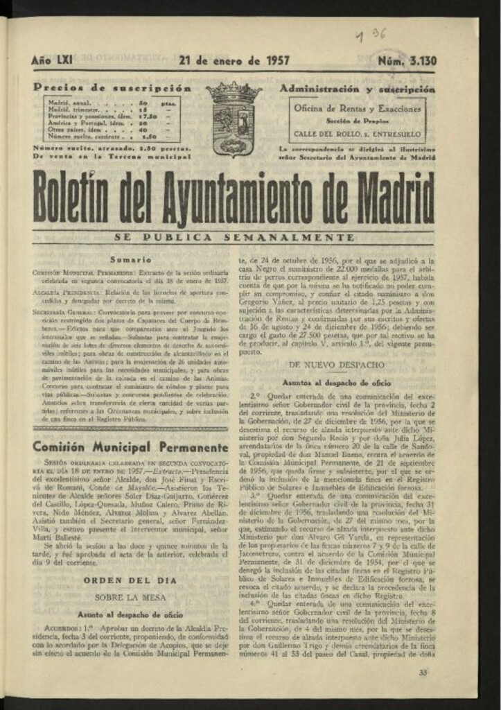 Miniatura de Boletín oficial del Ayuntamiento del 21 de enero de 1957, nº 3130