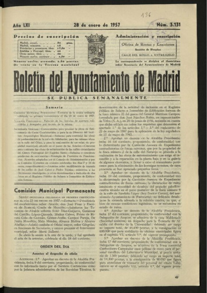 Miniatura de Boletín oficial del Ayuntamiento del 28 de enero de 1957, nº 3131