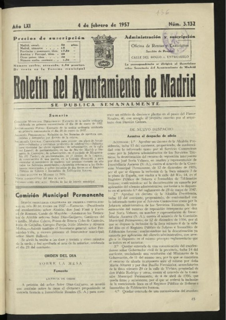 Miniatura de Boletín oficial del Ayuntamiento del 4 de febrero de 1957, nº 3132