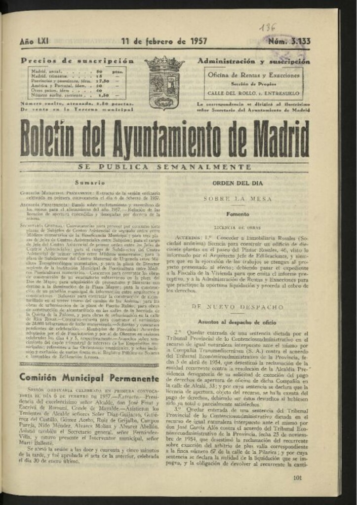 Miniatura de Boletín oficial del Ayuntamiento del 11 de febrero de 1957, nº 3133
