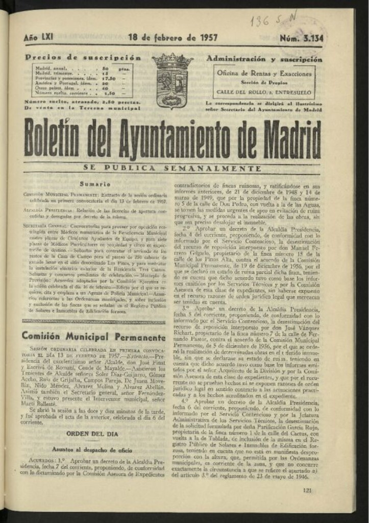 Miniatura de Boletín oficial del Ayuntamiento del 18 de febrero de 1957, nº 3134