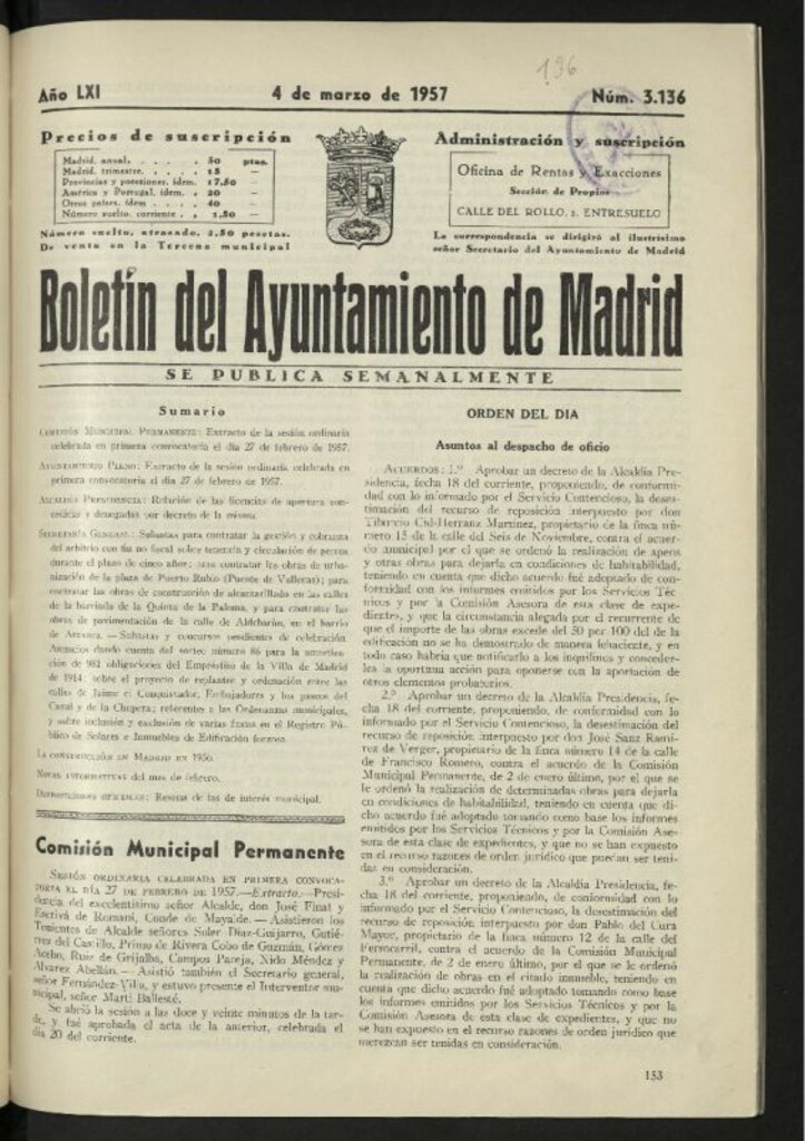 Miniatura de Boletín oficial del Ayuntamiento del 4 de marzo de 1957, nº 3136