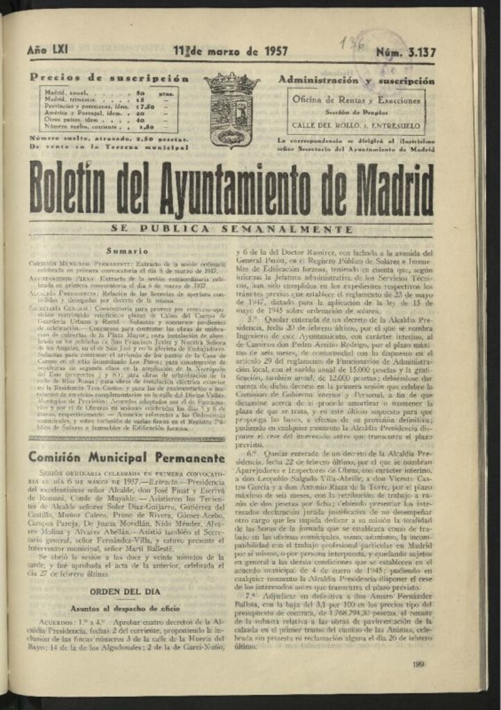 Miniatura de Boletín oficial del Ayuntamiento del 11 de marzo de 1957, nº 3137