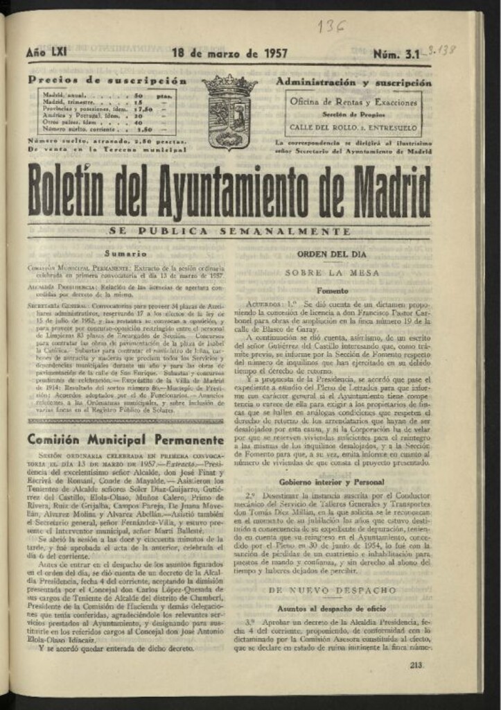 Miniatura de Boletín oficial del Ayuntamiento del 18 de marzo de 1957, nº 3138