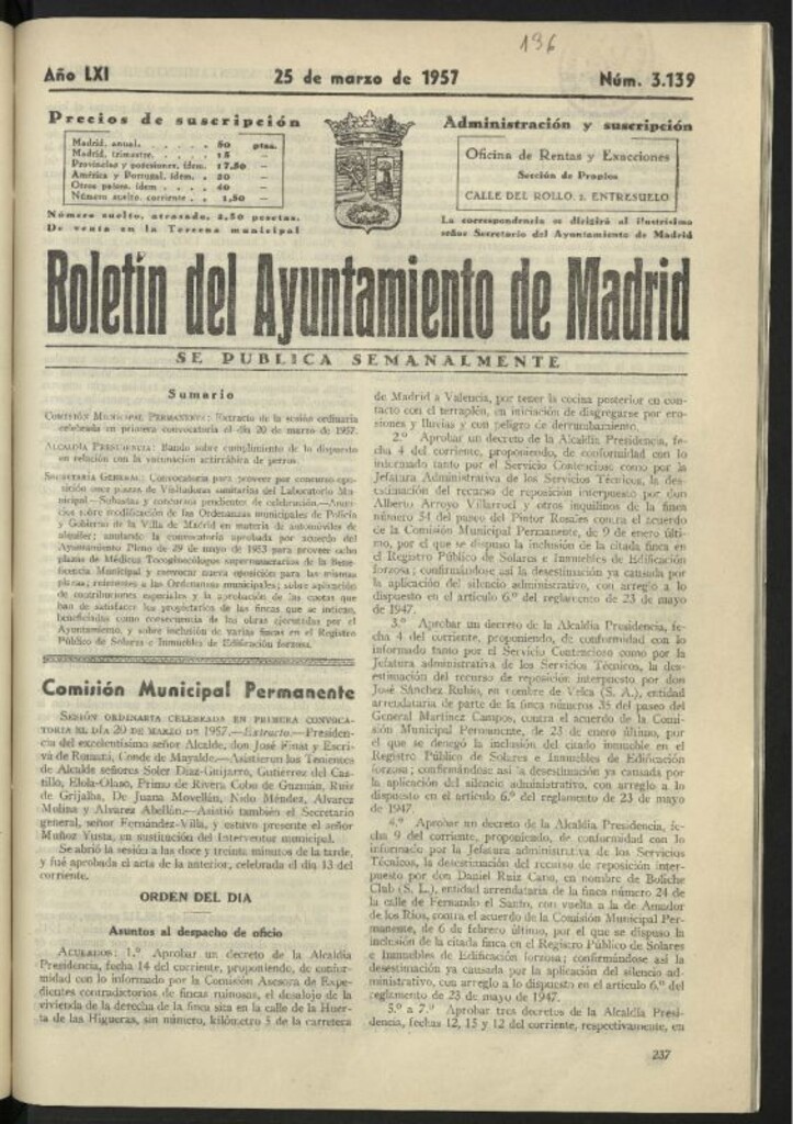 Miniatura de Boletín oficial del Ayuntamiento del 25 de marzo de 1957, nº 3139