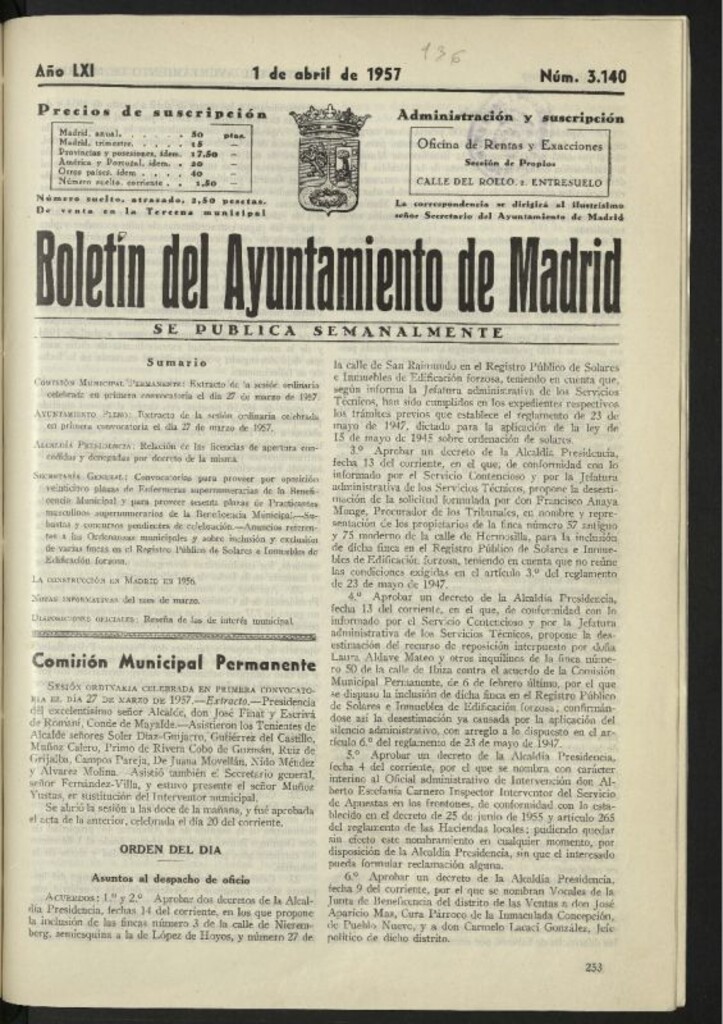 Miniatura de Boletín oficial del Ayuntamiento del 1 de abril de 1957, nº 3140