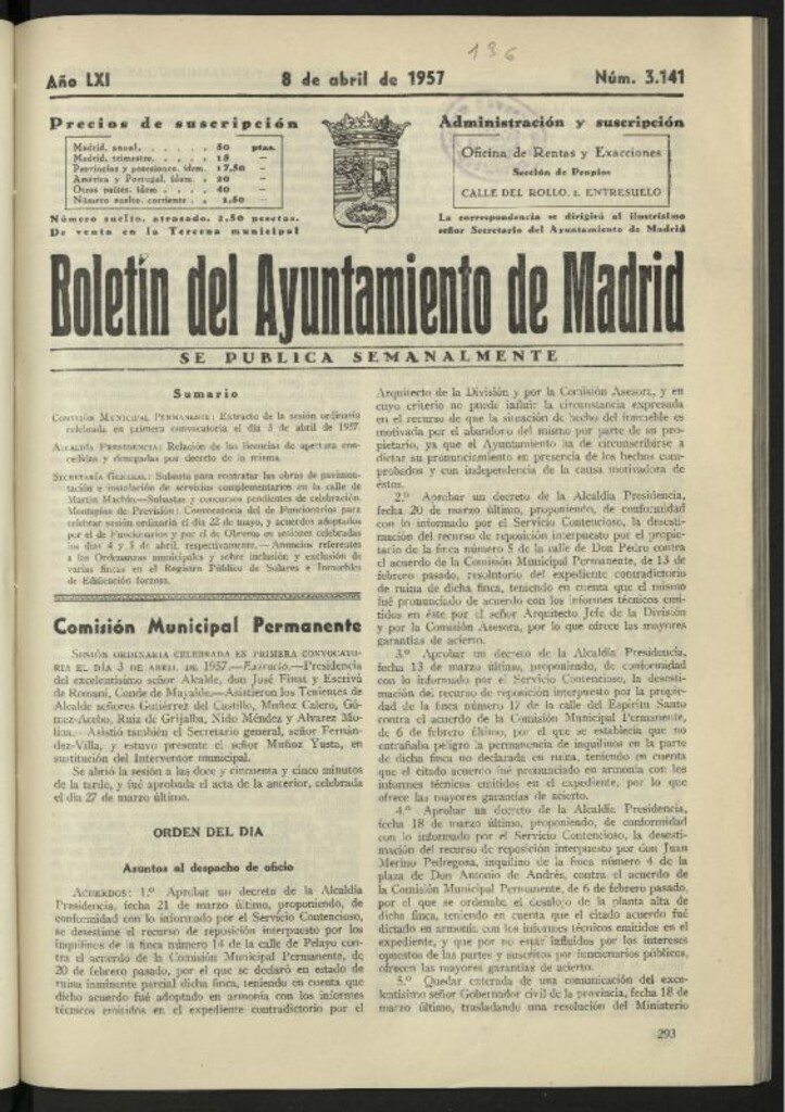 Miniatura de Boletín oficial del Ayuntamiento del 8 de abril de 1957, nº 3141