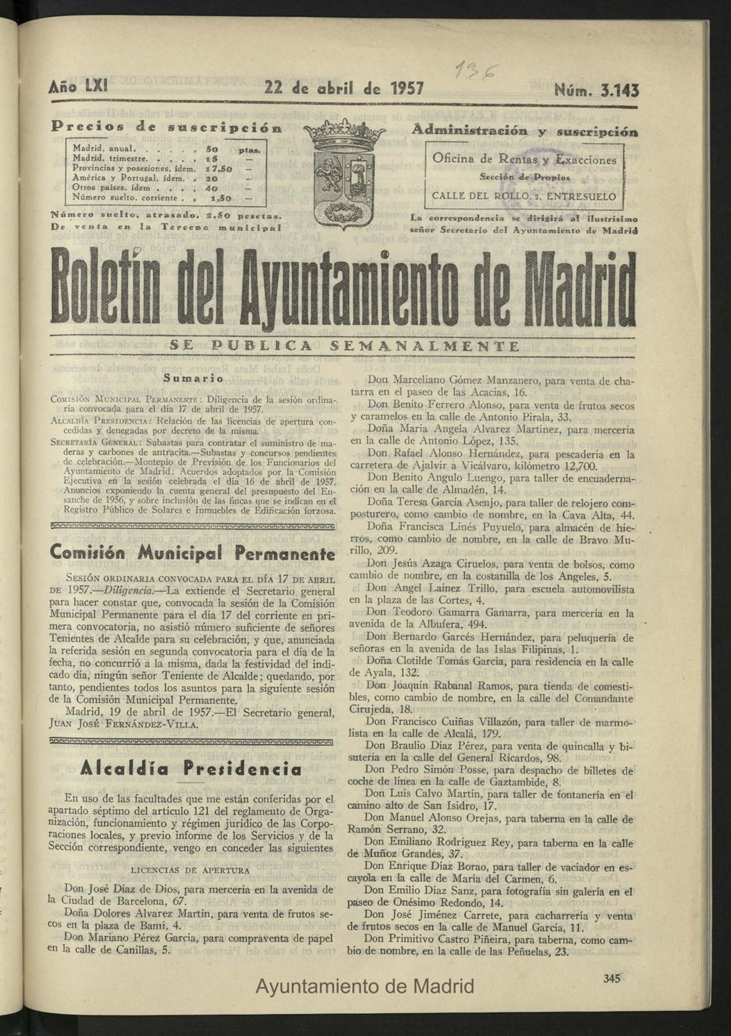 Miniatura de Boletín oficial del Ayuntamiento del 22 de abril de 1957, nº 3143