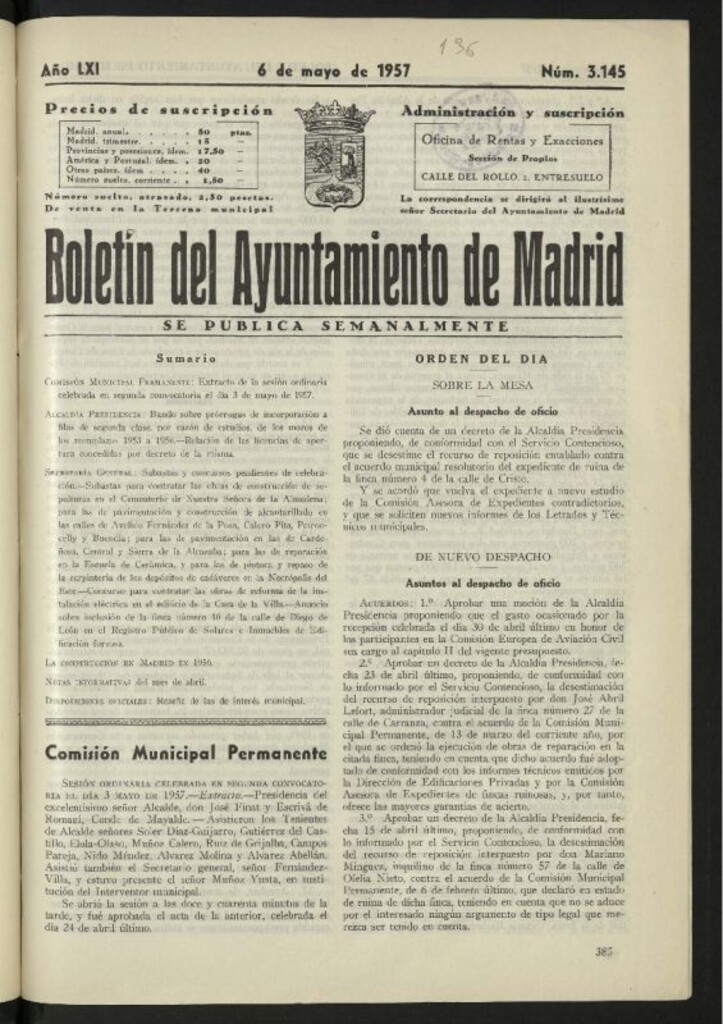 Miniatura de Boletín oficial del Ayuntamiento del 6 de mayo de 1957, nº 3145