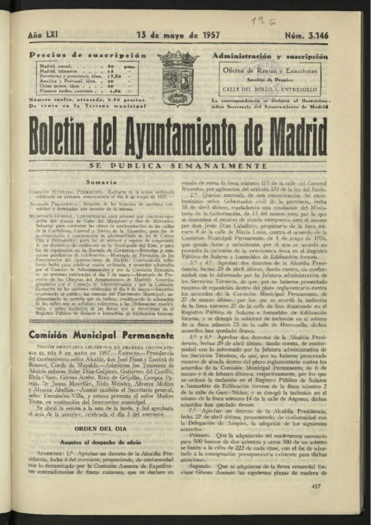 Miniatura de Boletín oficial del Ayuntamiento del 13 de mayo de 1957, nº 3146