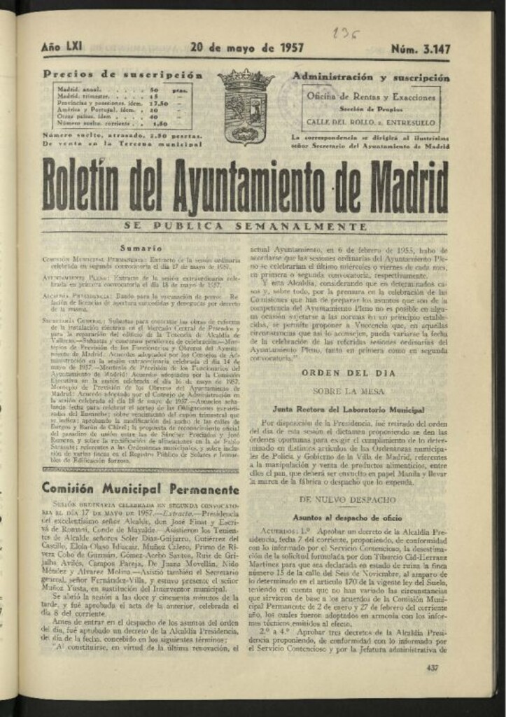Miniatura de Boletín oficial del Ayuntamiento del 20 de mayo de 1957, nº 3147