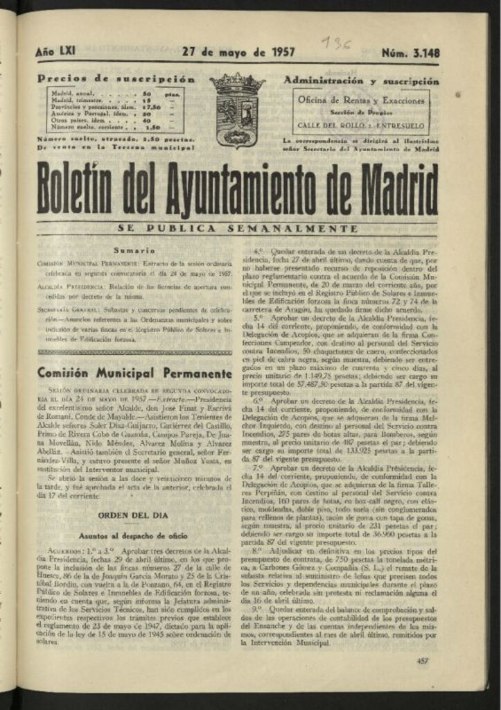 Miniatura de Boletín oficial del Ayuntamiento del 27 de mayo de 1957, nº 3148