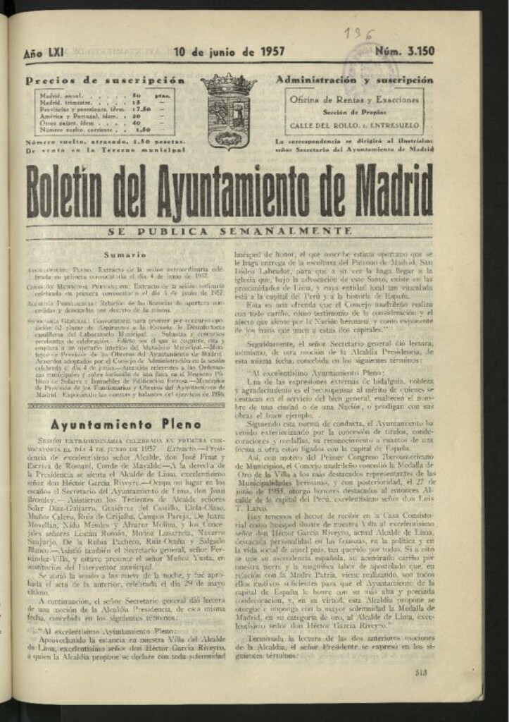 Miniatura de Boletín oficial del Ayuntamiento del 10 de junio de 1957, nº 3150
