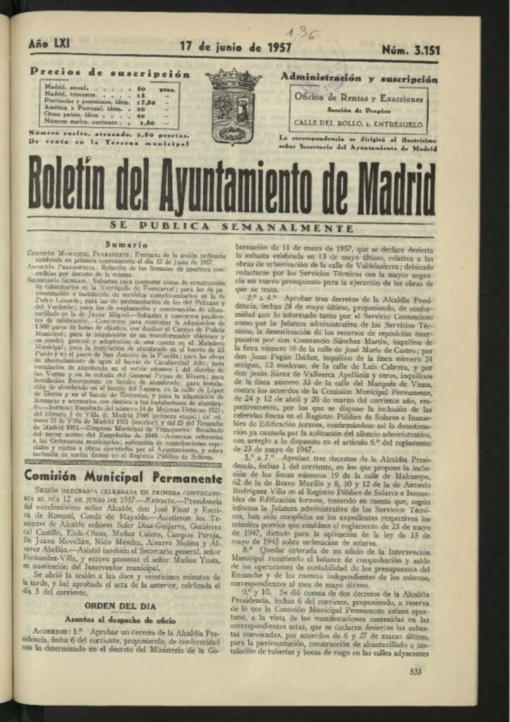 Miniatura de Boletín oficial del Ayuntamiento del 17 de junio de 1957, nº 3151