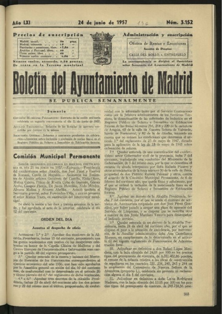 Miniatura de Boletín oficial del Ayuntamiento del 24 de junio de 1957, nº 3152