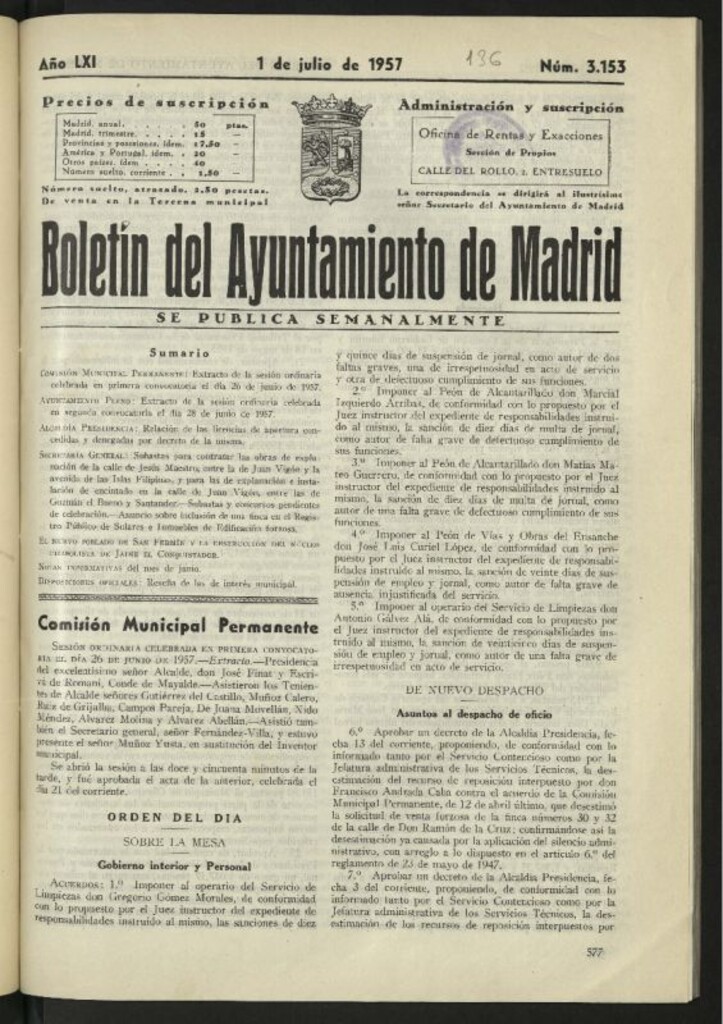 Miniatura de Boletín oficial del Ayuntamiento del 1 de julio de 1957, nº 3153