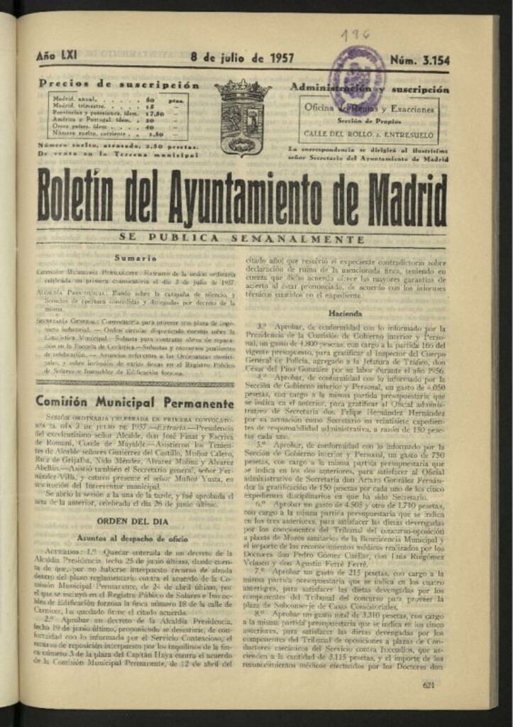 Miniatura de Boletín oficial del Ayuntamiento del 8 de julio de 1957, nº 3154