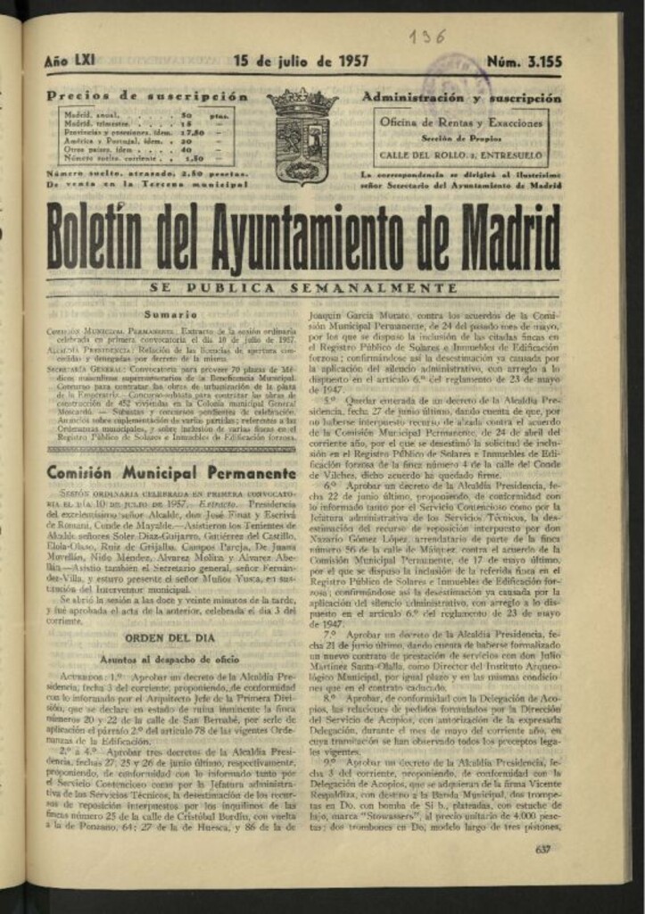 Miniatura de Boletín oficial del Ayuntamiento del 15 de julio de 1957, nº 3155