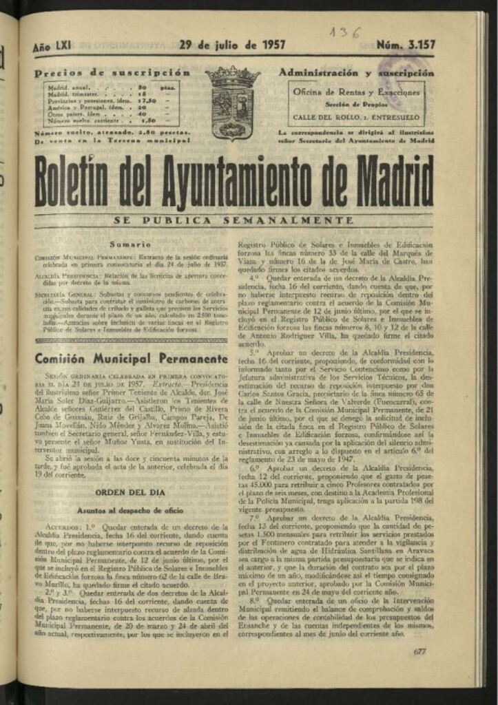 Miniatura de Boletín oficial del Ayuntamiento del 29 de julio de 1957, nº 3157