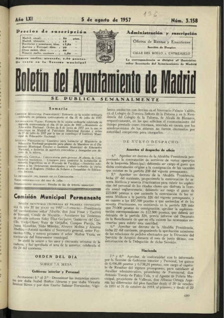 Miniatura de Boletín oficial del Ayuntamiento del 5 de agosto de 1957, nº 3158