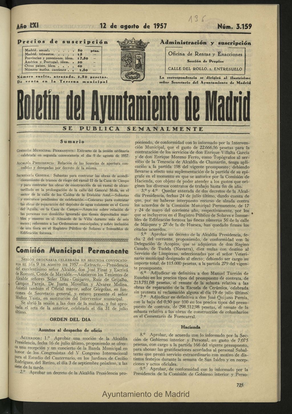 Miniatura de Boletín oficial del Ayuntamiento del 12 de agosto de 1957, nº 3159