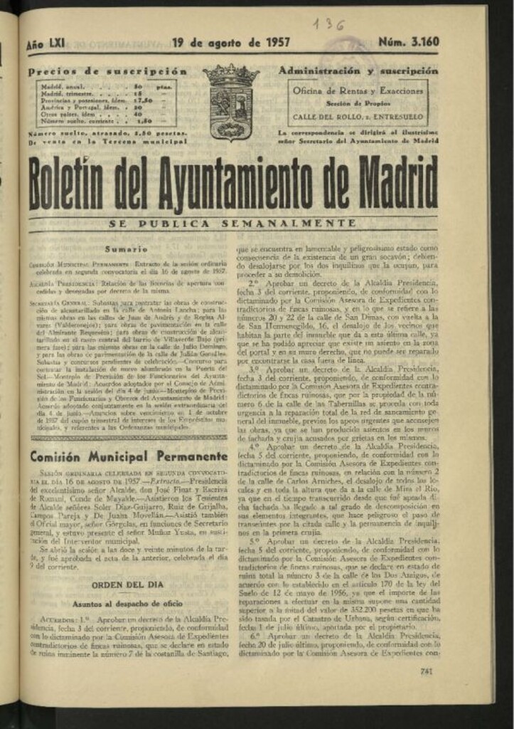 Miniatura de Boletín oficial del Ayuntamiento del 19 de agosto de 1957, nº 3160