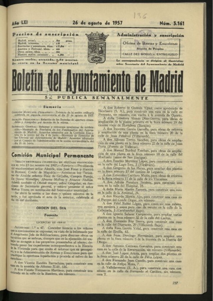 Miniatura de Boletín oficial del Ayuntamiento del 26 de agosto de 1957, nº 3161