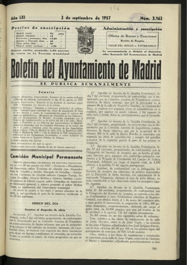 Miniatura de Boletín oficial del Ayuntamiento del 2 de septiembre de 1957, nº 3162