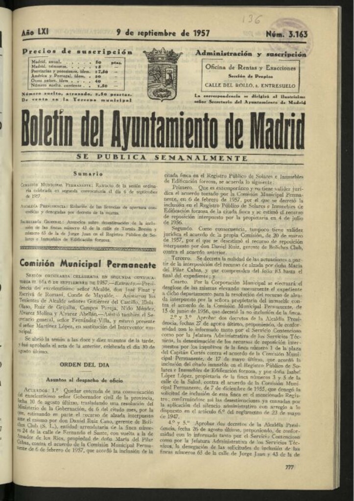 Miniatura de Boletín oficial del Ayuntamiento del 9 de septiembre de 1957, nº 3163