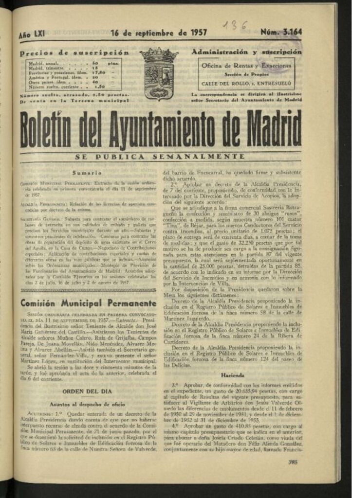Miniatura de Boletín oficial del Ayuntamiento del 16 de septiembre de 1957, nº 3164