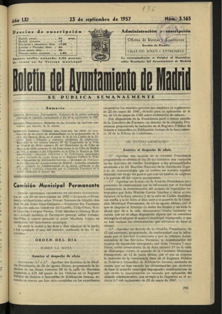 Miniatura de Boletín oficial del Ayuntamiento del 23 de septiembre de 1957, nº 3165