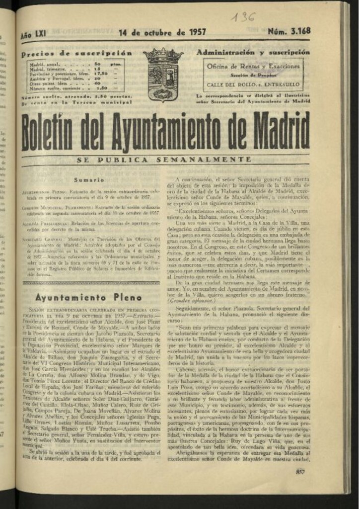 Miniatura de Boletín oficial del Ayuntamiento del 14 de octubre de 1957, nº 3168