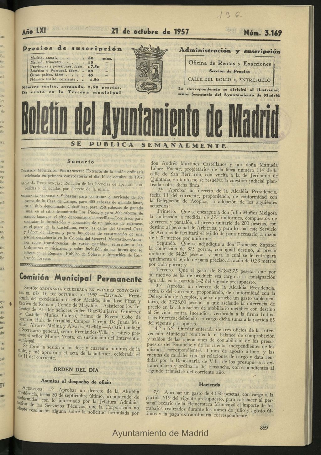 Miniatura de Boletín oficial del Ayuntamiento del 21 de octubre de 1957, nº 3169
