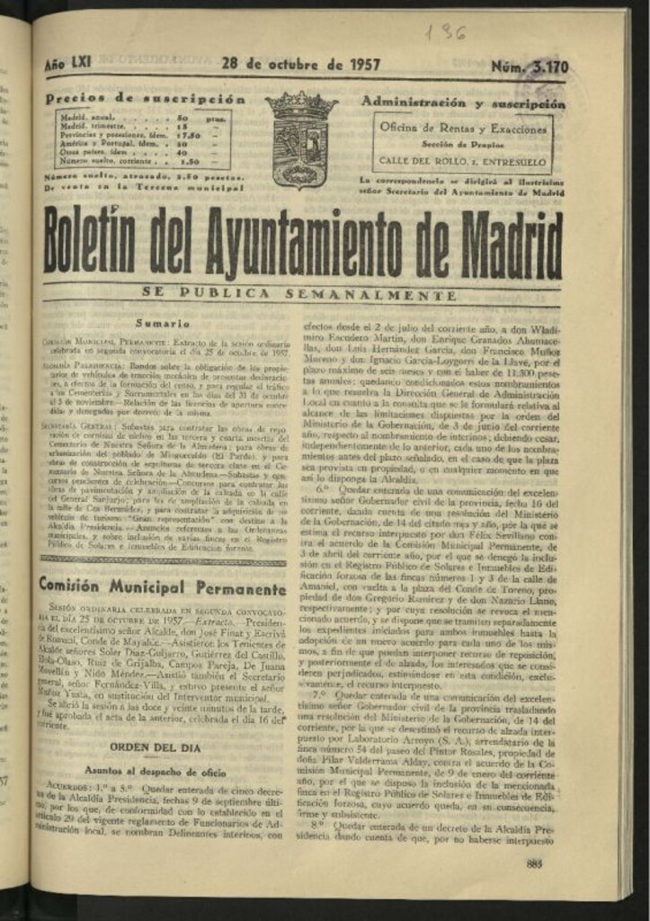 Miniatura de Boletín oficial del Ayuntamiento del 28 de octubre de 1957, nº 3170